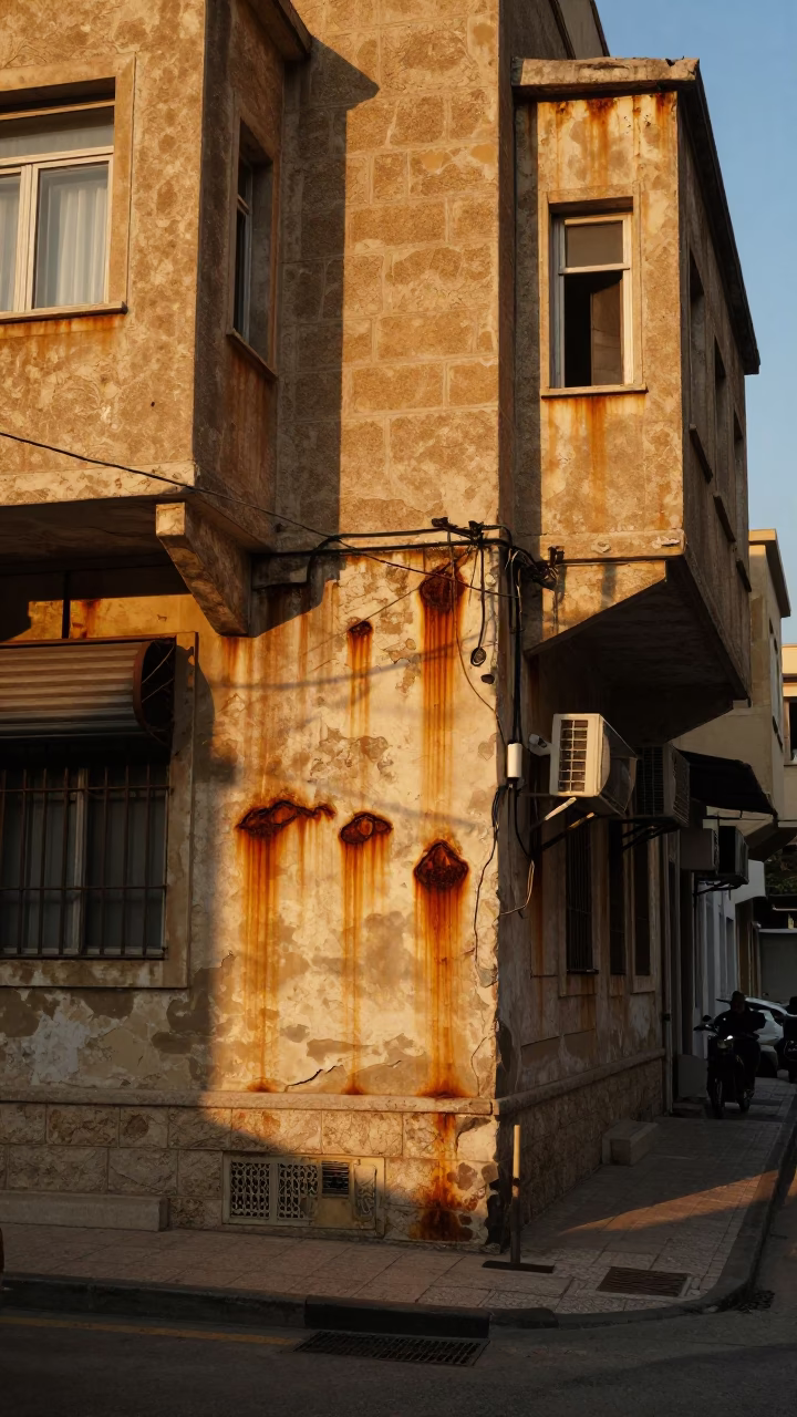Beirut Lebanon Street Scene at Golden Hour with Rusty Plaster Wall and Local Vendor in in Beirut, Lebanon