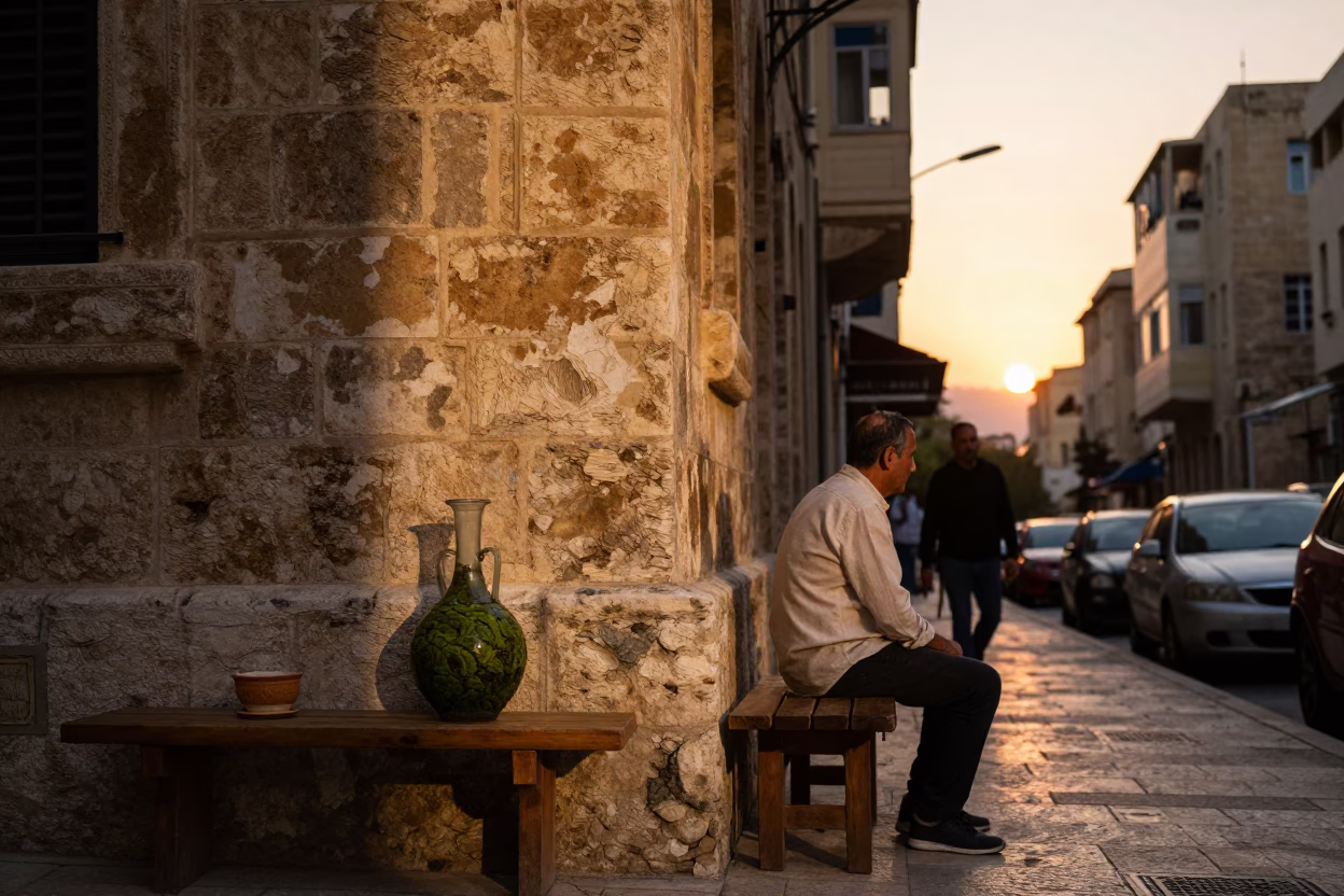Beirut Lebanon street scene at sunset with carafe and mossy stone wall in in Beirut, Lebanon