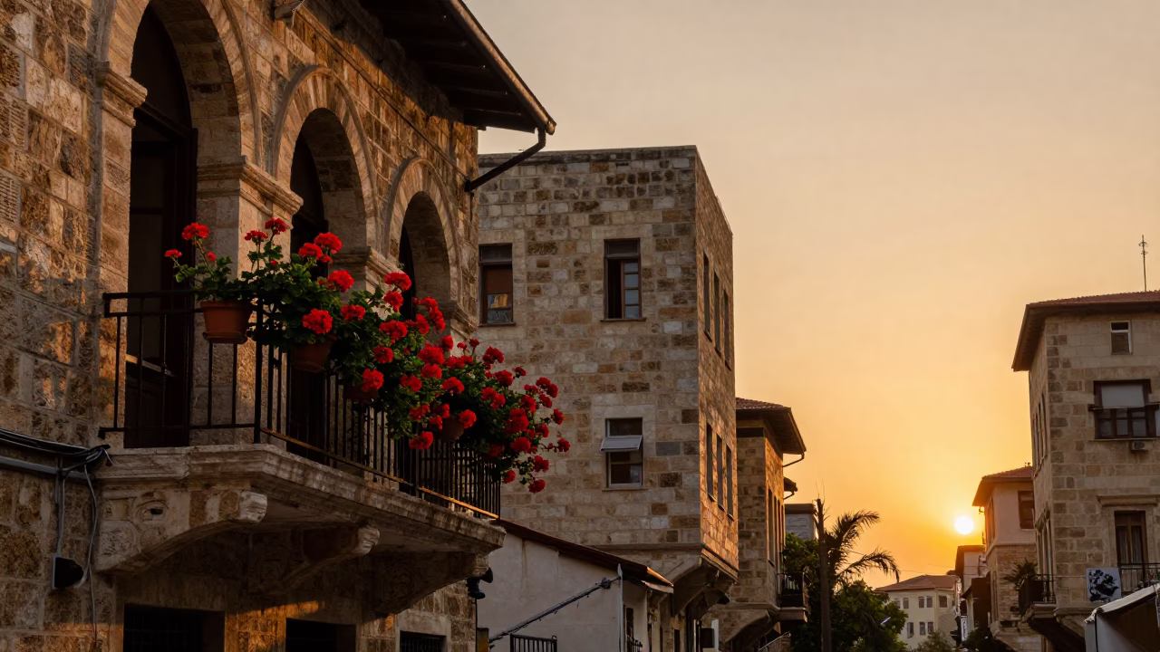 Beirut Lebanon Street Scene at Sunset with Geraniums and Traditional Architecture in in Beirut, Lebanon