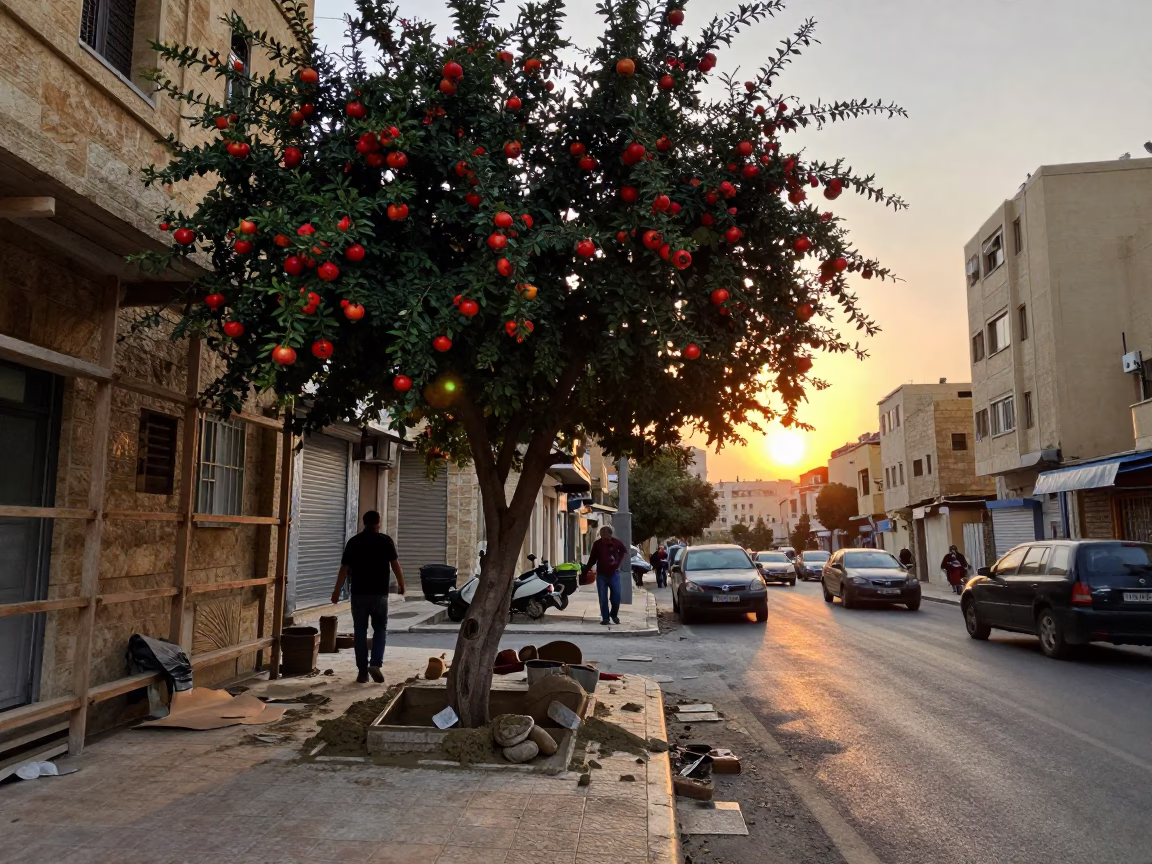 Beirut Lebanon Street Scene at Sunset with Pomegranate Tree and Scaffolding in in Beirut, Lebanon