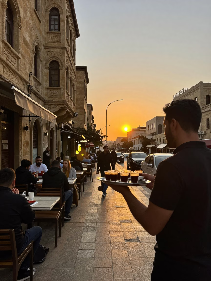 Beirut Lebanon Street Scene at Sunset with Traditional Coffee and Local Architecture in in Beirut, Lebanon
