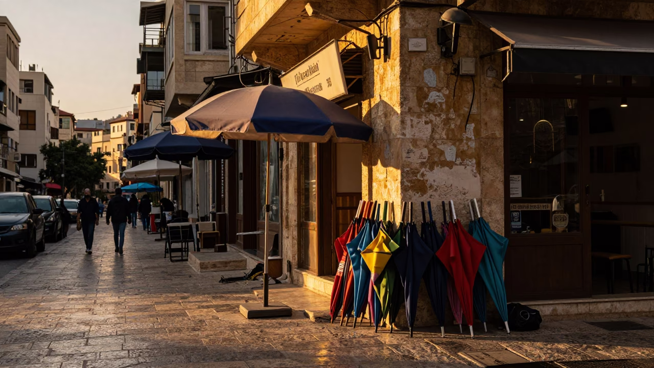 Beirut Lebanon Street Scene at Sunset with Umbrellas and Local Life in in Beirut, Lebanon