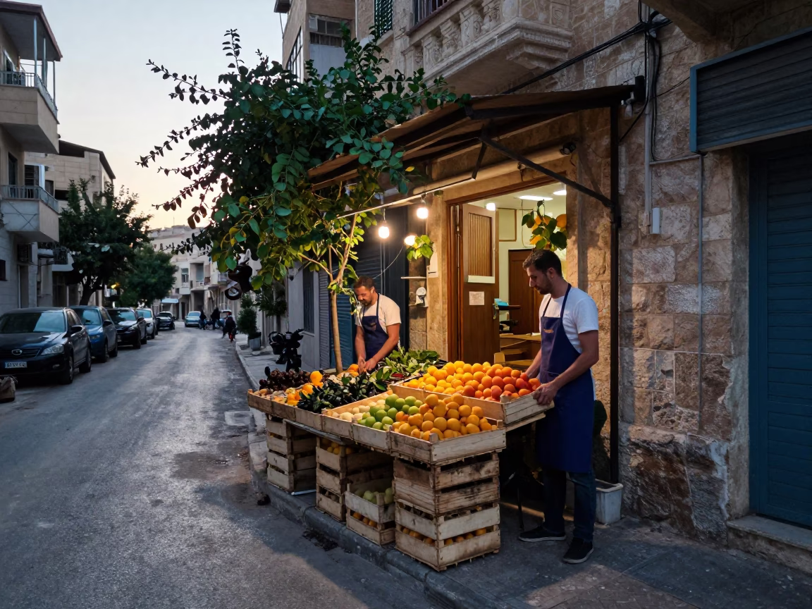 Beirut Lebanon Street Scene Before Dawn with Aprons and Apricots in in Beirut, Lebanon