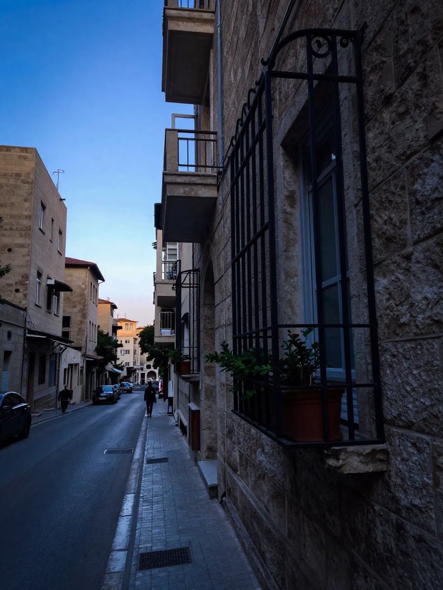 Beirut Lebanon Street Scene Before Sunrise with Window Box and Jam Jar in in Beirut, Lebanon