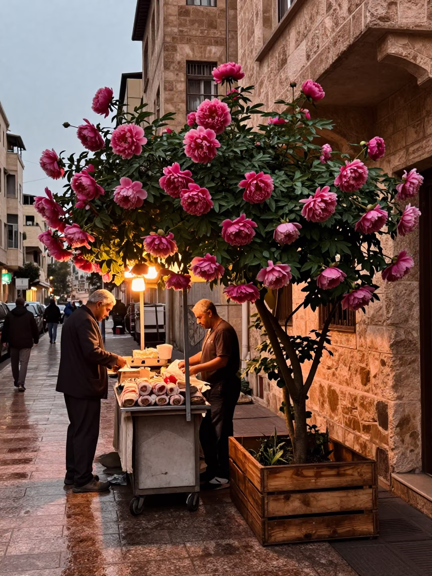 Beirut Lebanon Street Scene Copper Dusk Light Peony Bush and Blue Porcelain Bowl in in Beirut, Lebanon