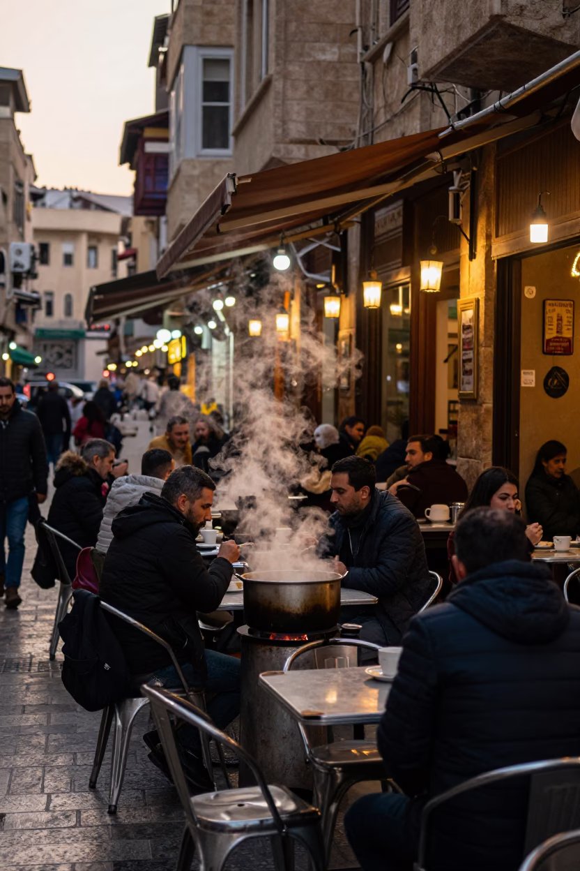 Beirut Lebanon street scene early evening bustling cafe with steam and people in in Beirut, Lebanon
