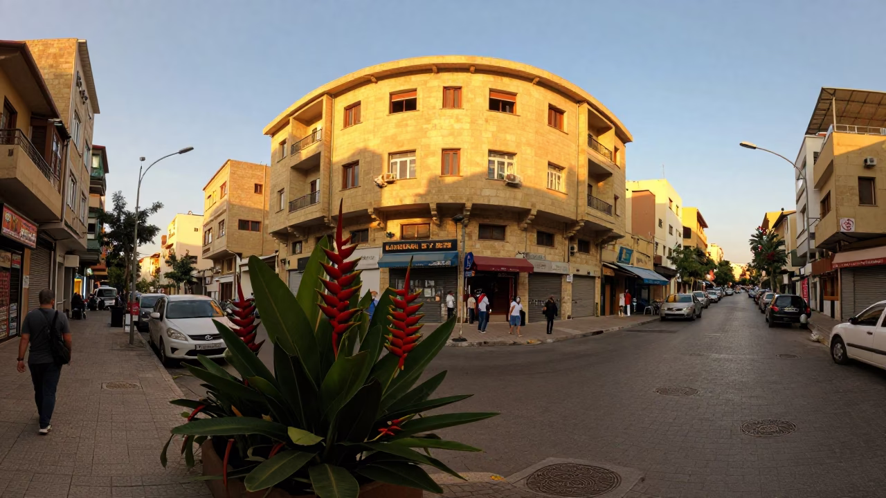 Beirut Lebanon Street Scene Evening Light with Heliconia Flowers and Classic Bus in in Beirut, Lebanon