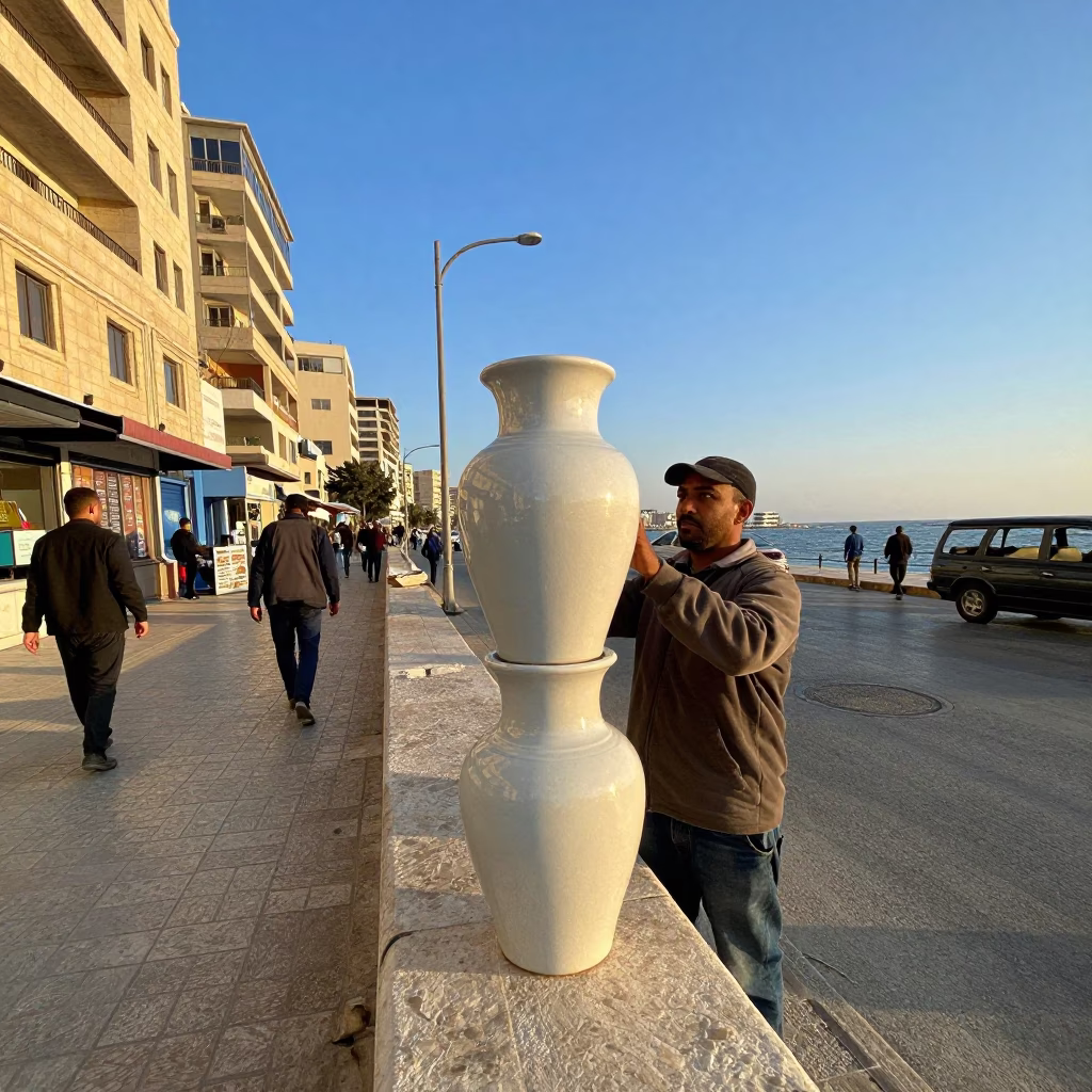 Beirut Lebanon Street Scene First Light Tiffin Tin and Blue Porcelain Jar in in Beirut, Lebanon
