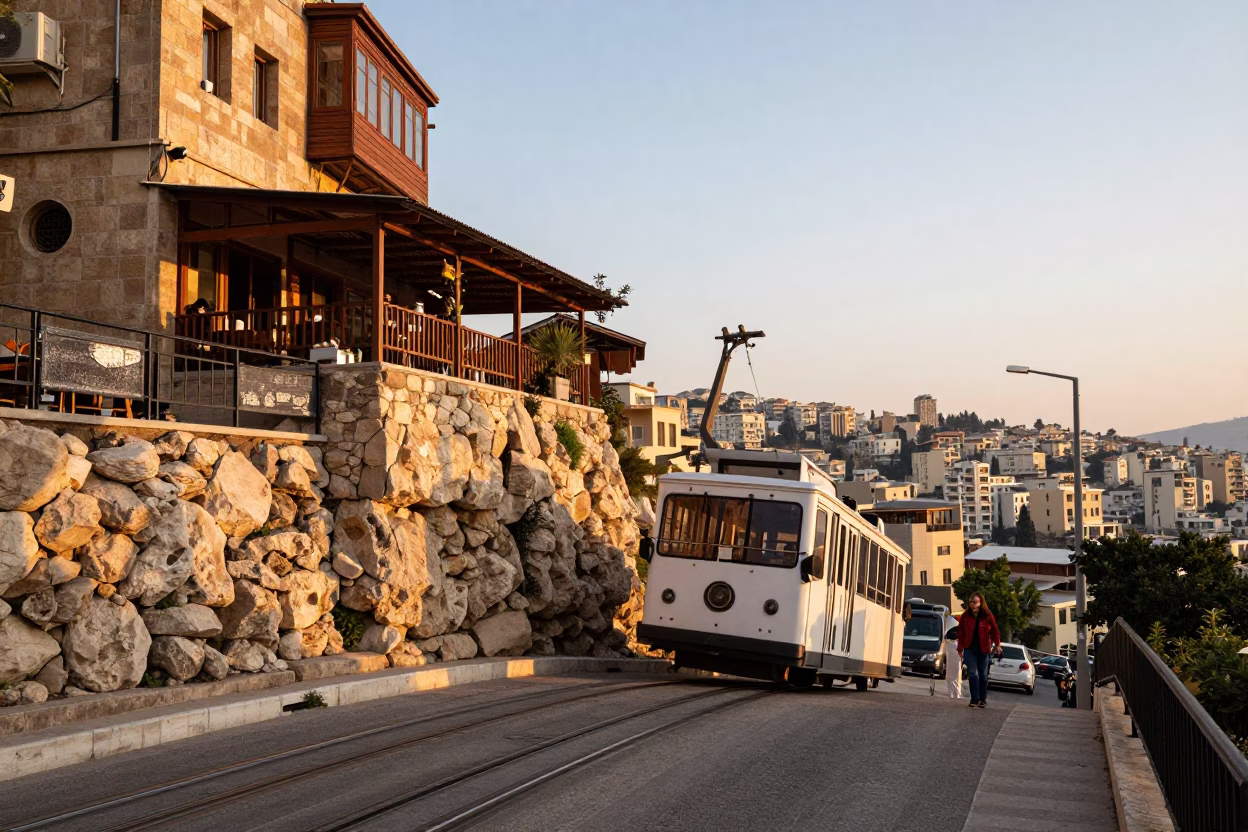 Beirut Lebanon Street Scene Golden Hour Funicular Cliffside Restaurant Hammered Metal and Baguettes in in Beirut, Lebanon