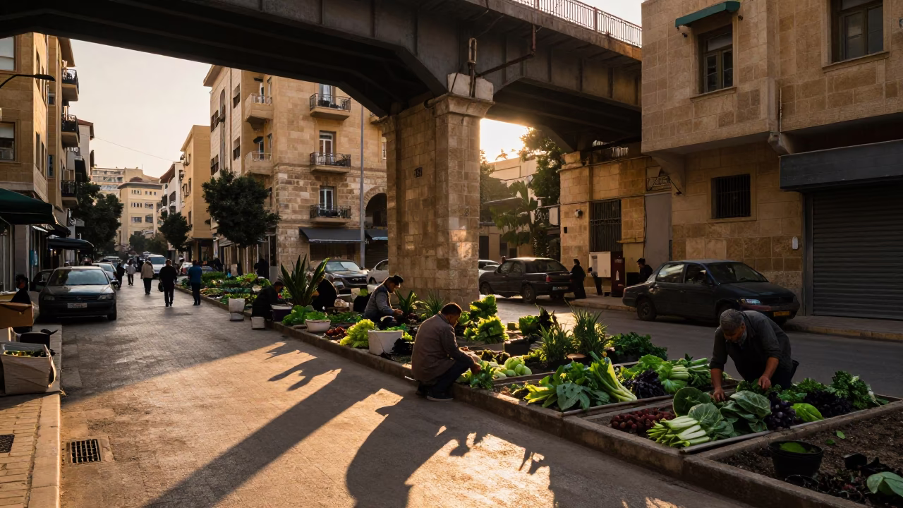 Beirut Lebanon Street Scene Honeyed Evening Light Viaduct Shadow Allotment Gardens 1960s in in Beirut, Lebanon