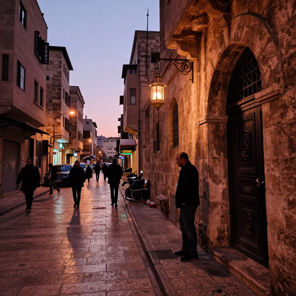 Beirut Lebanon Street Scene in Copper Dusk Light with Lantern and Porcelain in in Beirut, Lebanon