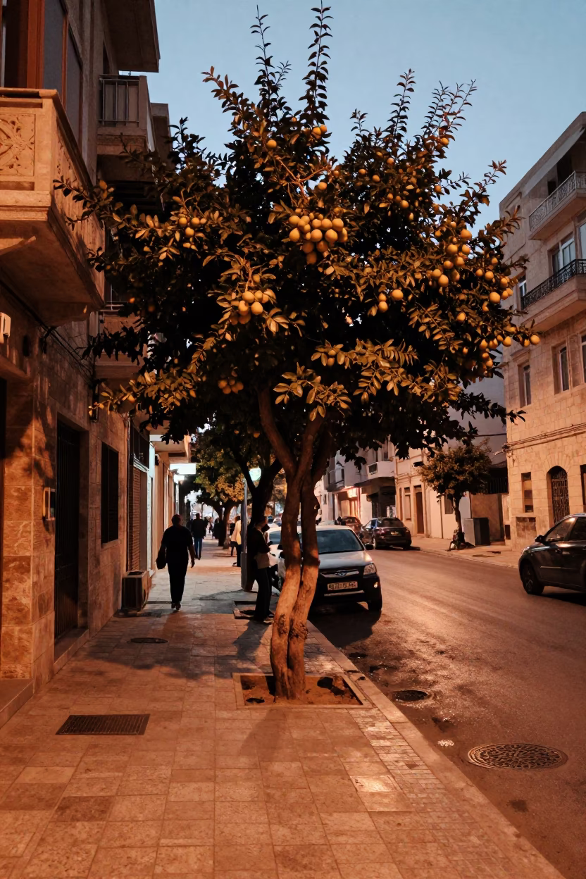 Beirut Lebanon Street Scene in Copper Toned Light Before Dusk with Fig Tree in in Beirut, Lebanon