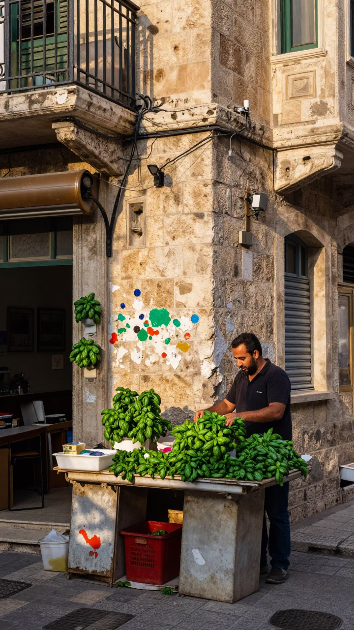 Beirut Lebanon Street Scene Just After Sunrise with Basil Leaves and Paint Flecks in in Beirut, Lebanon
