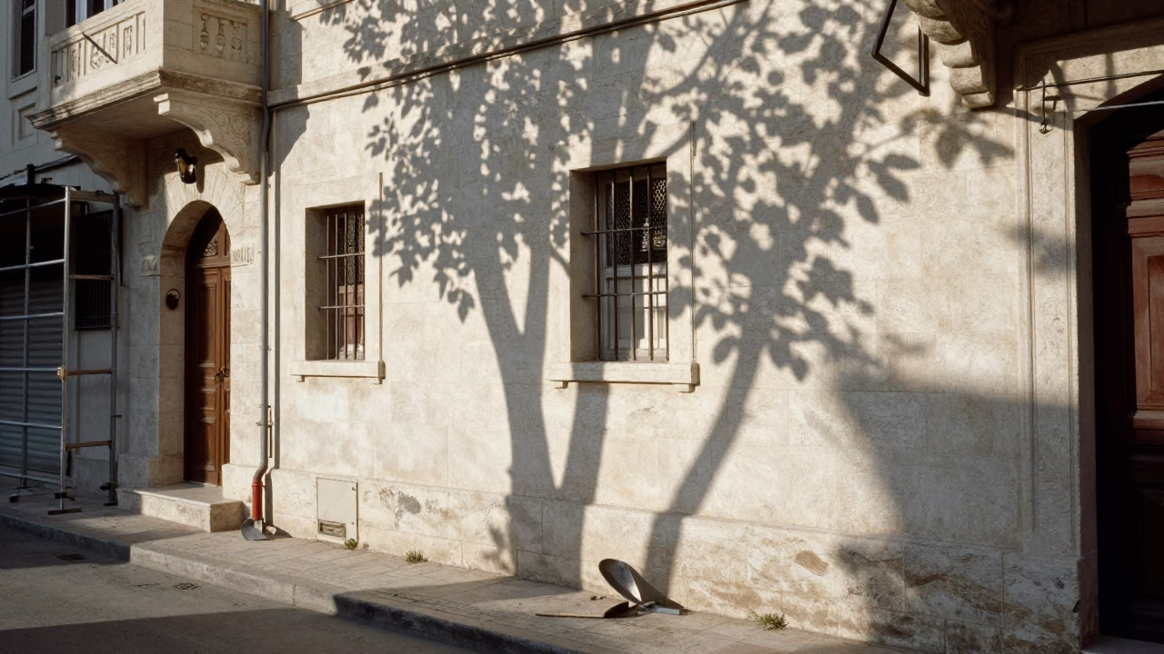 Beirut Lebanon Street Scene Just After Sunrise With Leaf Shadows on Wall in in Beirut, Lebanon