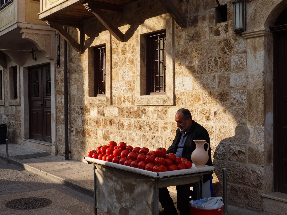 Beirut Lebanon street scene just after sunrise with tomatoes and drinking vessel in in Beirut, Lebanon