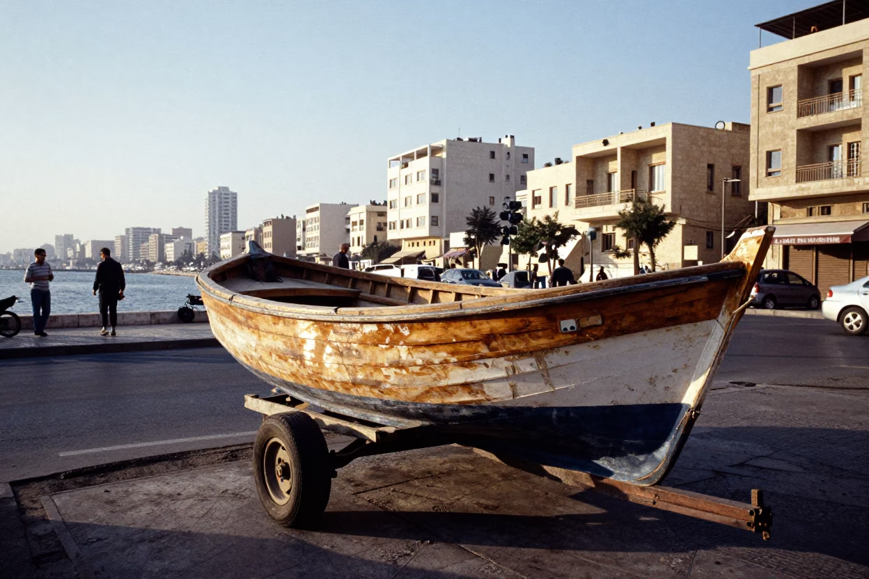Beirut Lebanon Street Scene Late Afternoon Light with Wooden Boat and Carafe in in Beirut, Lebanon