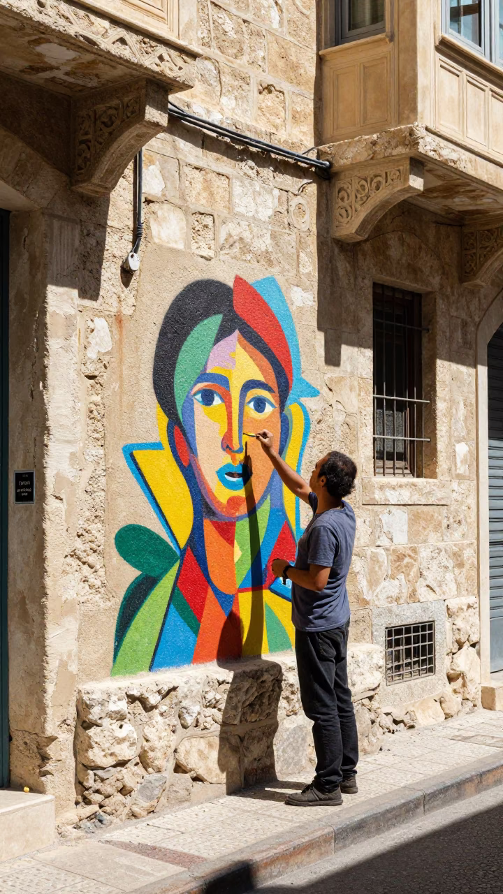 Beirut Lebanon Street Scene Under Noon Sun With Artist Painting Mural in in Beirut, Lebanon