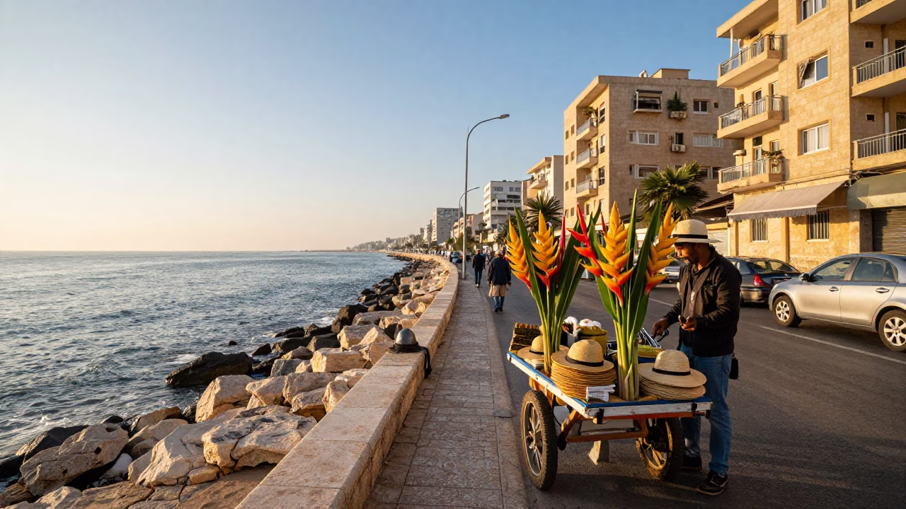 Beirut Lebanon Sunrise Street Scene with Heliconia and Sun Hats in in Beirut, Lebanon