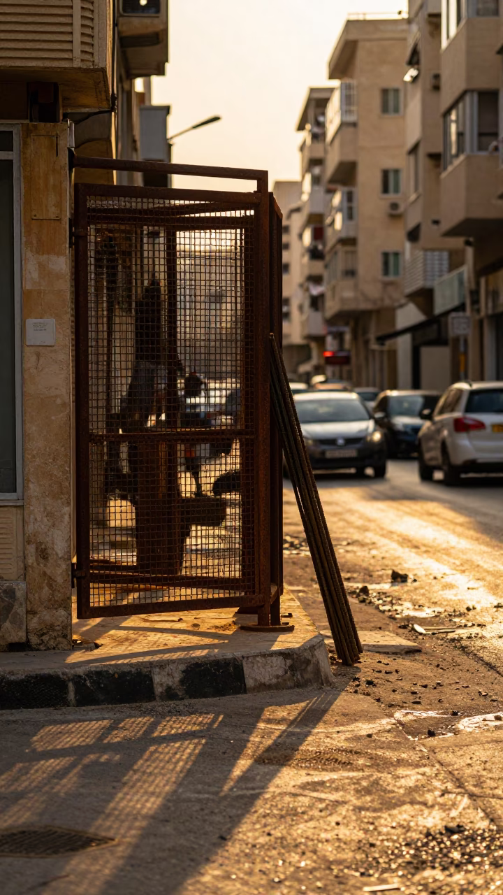 Beirut Lebanon Sunset Street Scene Construction Elevator Gate and Rebar Bundles in in Beirut, Lebanon