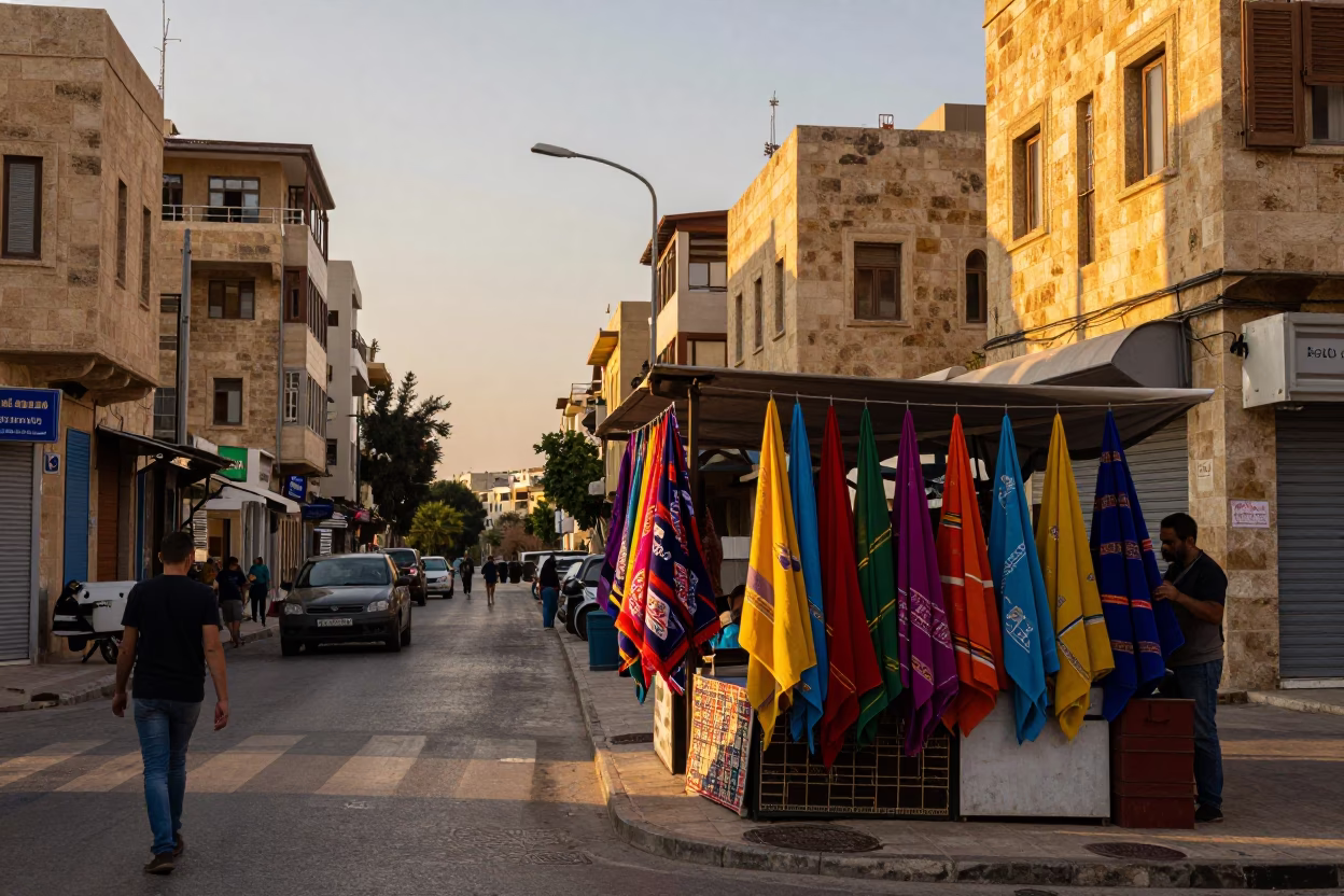 Beirut Lebanon Sunset Street Scene with Colorful Tea Towels and Local Market Activity in in Beirut, Lebanon