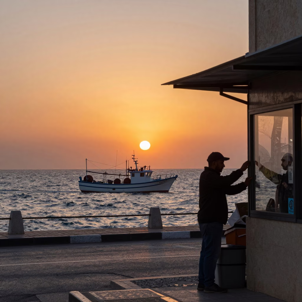 Beirut Lebanon Sunset Street Scene with Fishing Boat and Coastal Architecture in in Beirut, Lebanon