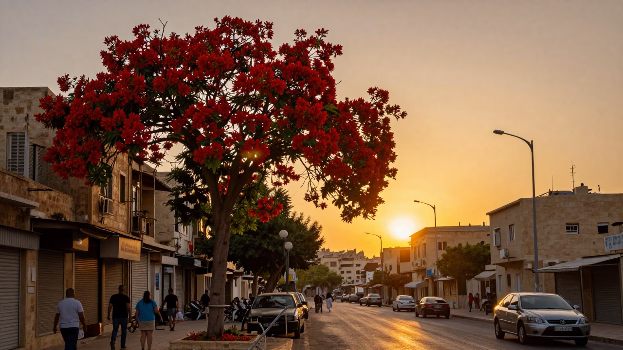 Beirut Lebanon Sunset Street Scene with Flame Tree and Grilled Fish Vendor in in Beirut, Lebanon