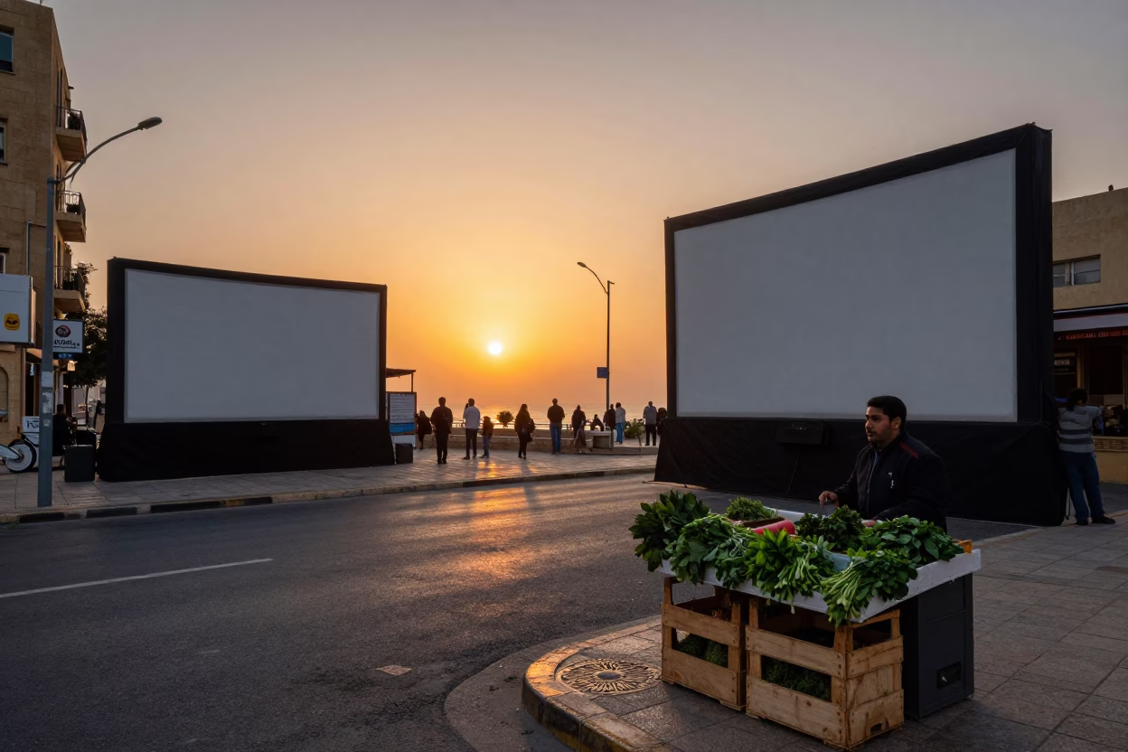 Beirut Lebanon Sunset Street Scene with Outdoor Cinema Screen and Herb Vendor in in Beirut, Lebanon