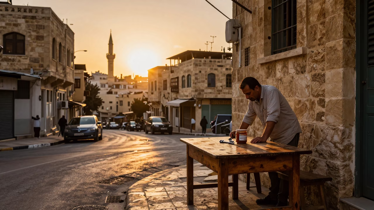Beirut Lebanon Sunset Street Scene with Socket Wrench and Jam Jar on Wooden Table in in Beirut, Lebanon