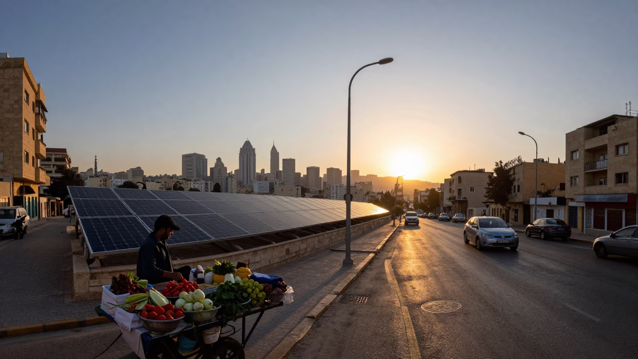Beirut Lebanon Sunset Street Scene with Solar Panels and Urban Life in in Beirut, Lebanon