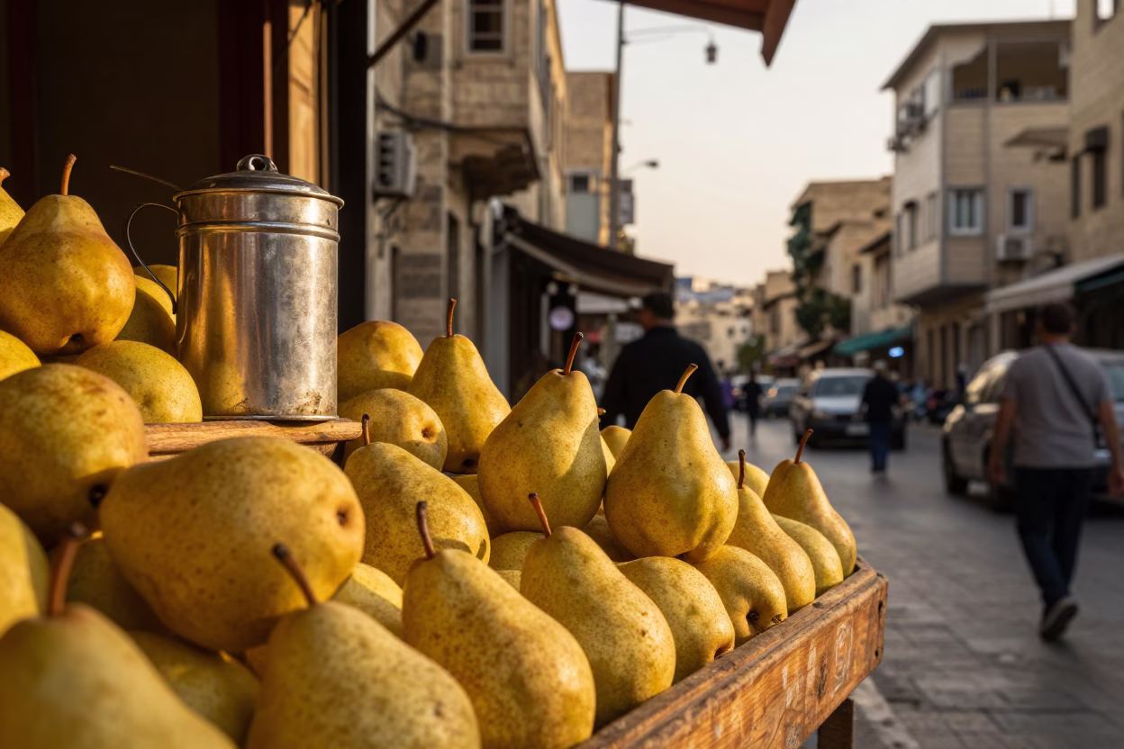 Beirut Lebanon Sunset Street Scene with Tea Tin and Pears at Market in in Beirut, Lebanon