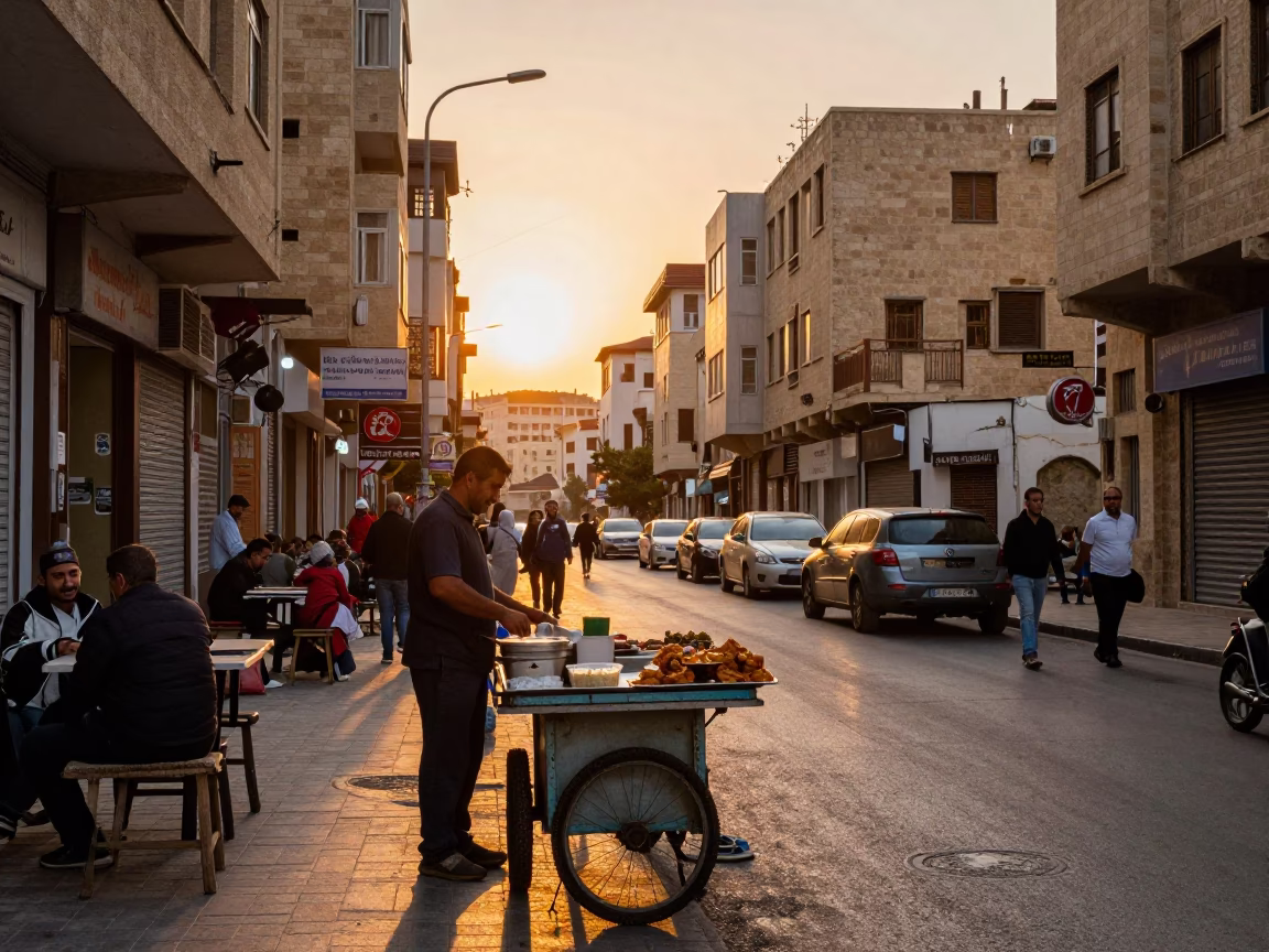 Beirut Lebanon Sunset Street Scene with Traditional Food and Local Life in in Beirut, Lebanon