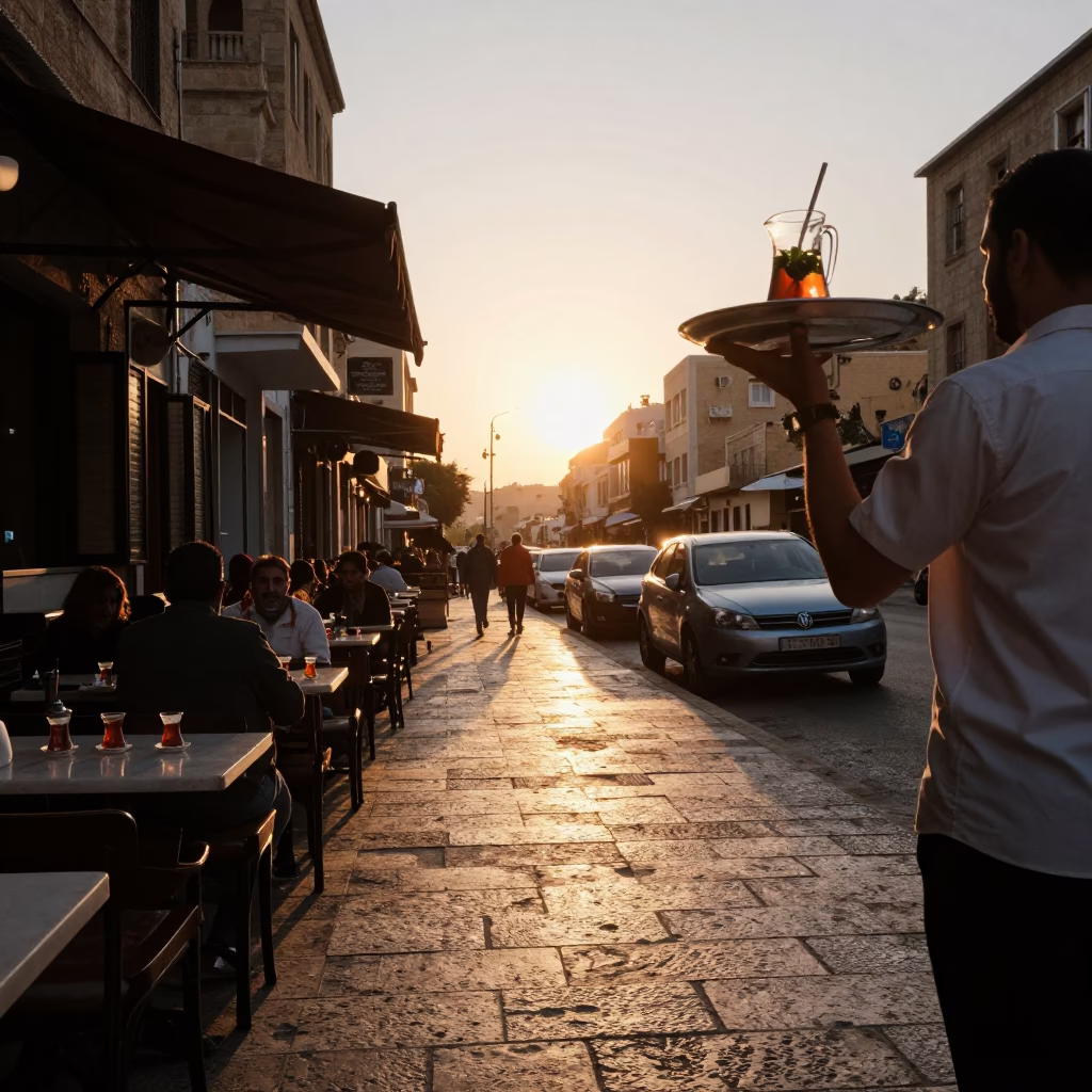 Beirut Lebanon Sunset Street Scene with Traditional Tea Service and Urban Backdrop in in Beirut, Lebanon