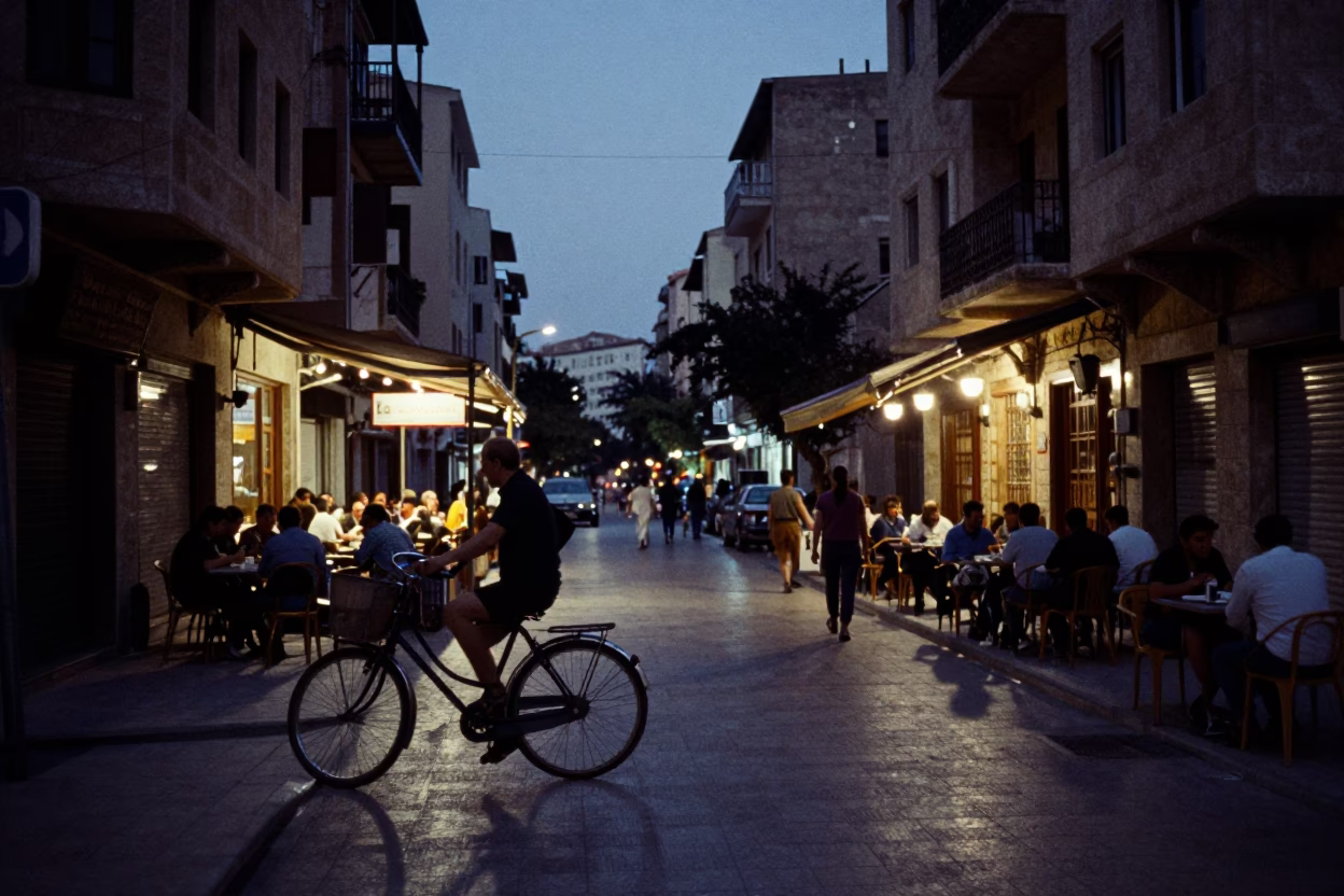 Beirut Lebanon Twilight Street Scene with Bicycle and Cafe in in Beirut, Lebanon