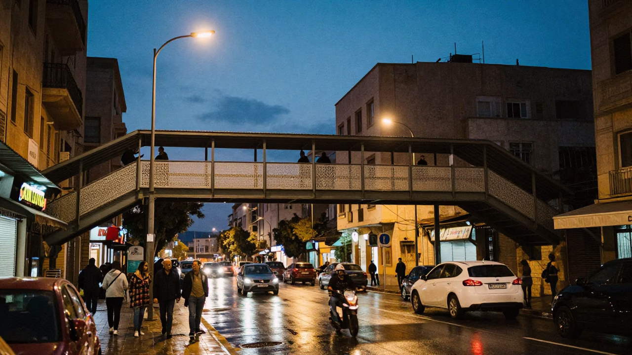 Beirut Lebanon Twilight Street Scene with Pedestrian Overpass and Wet Footsteps in in Beirut, Lebanon