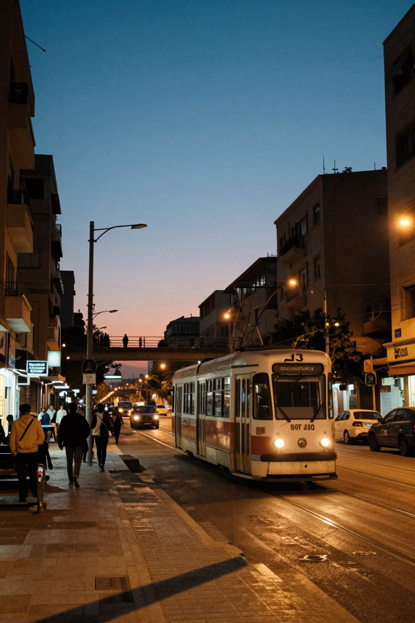 Beirut Lebanon Twilight Street Scene with Tram and Overpass in in Beirut, Lebanon
