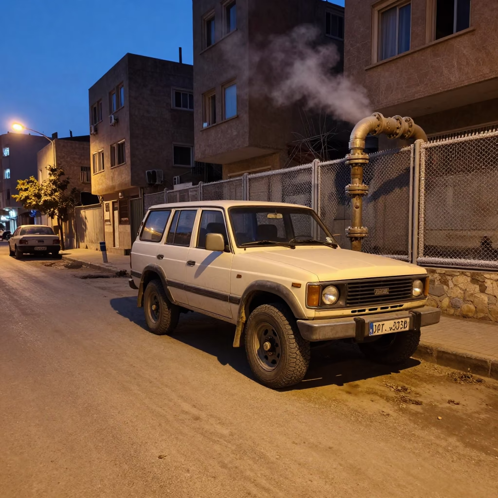 Beirut Lebanon Twilight Street Scene with Vintage SUV and Steaming Pipes in in Beirut, Lebanon