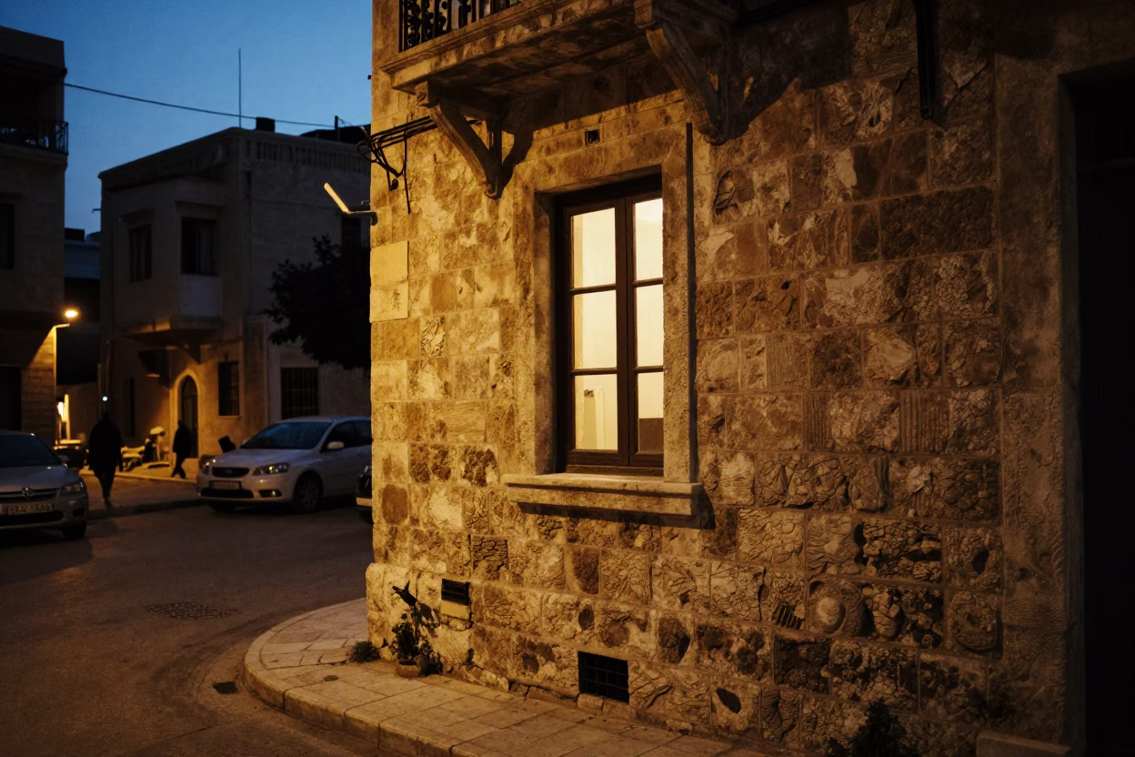 Beirut Lebanon twilight street scene with window light and wall hook in in Beirut, Lebanon