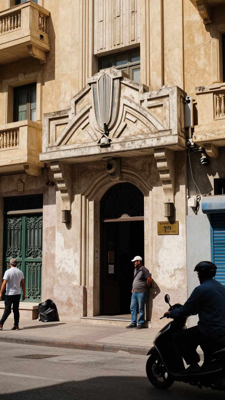 Beirut Midday Street Scene with Art Deco Facade and Plate of Kibbeh in in Beirut, Lebanon