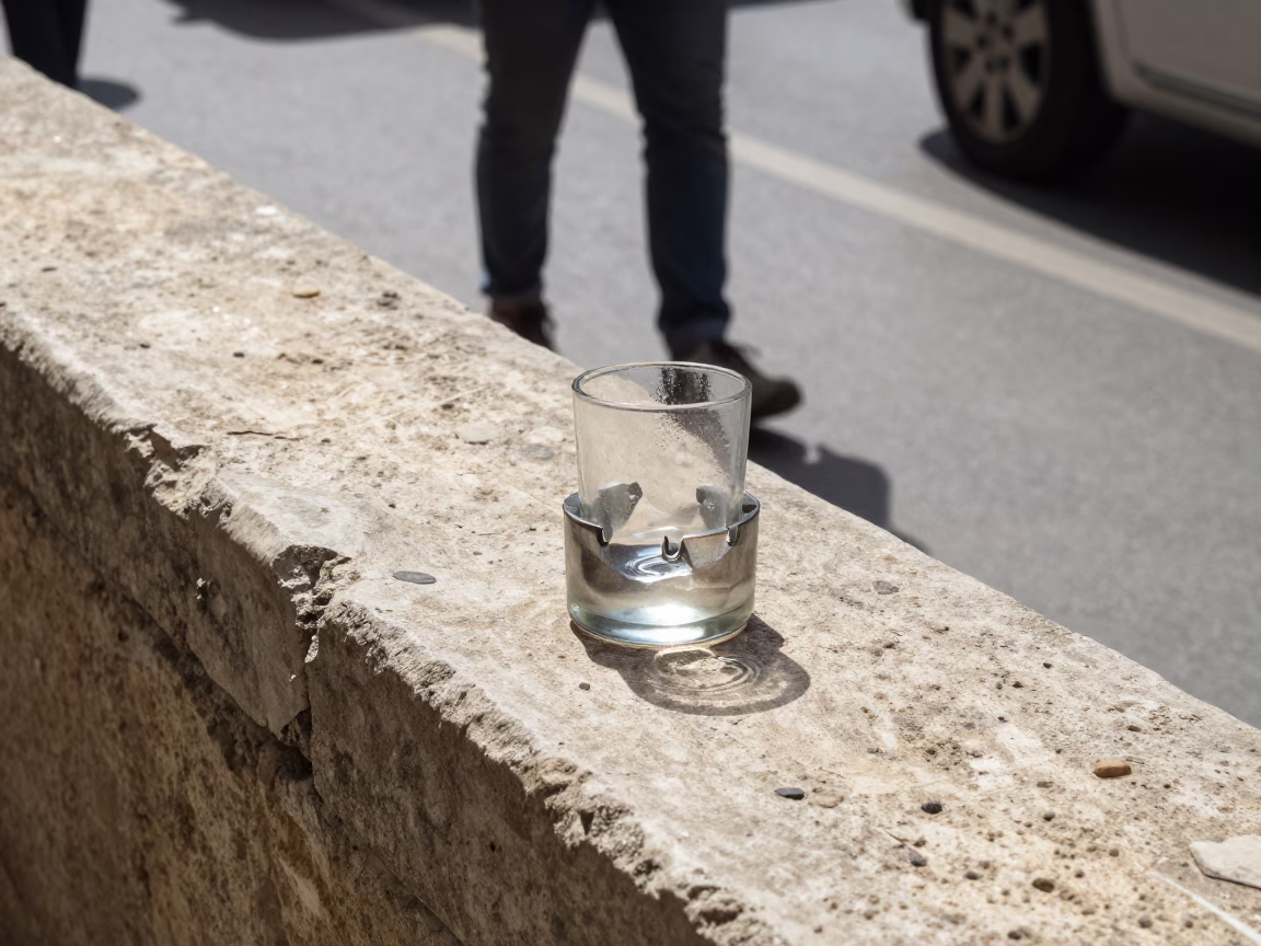 Beirut Midday Street Scene with Ashtray and Water Rings on Cafe Countertop in in Beirut, Lebanon