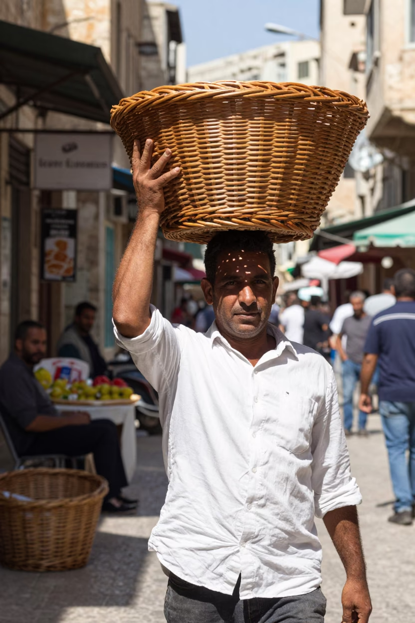 Beirut Midmorning Street Scene with Wicker Basket and Local Interaction in in Beirut, Lebanon