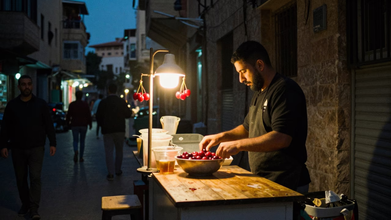 Beirut Midnight Street Scene with Table Lamp and Cherries in in Beirut, Lebanon