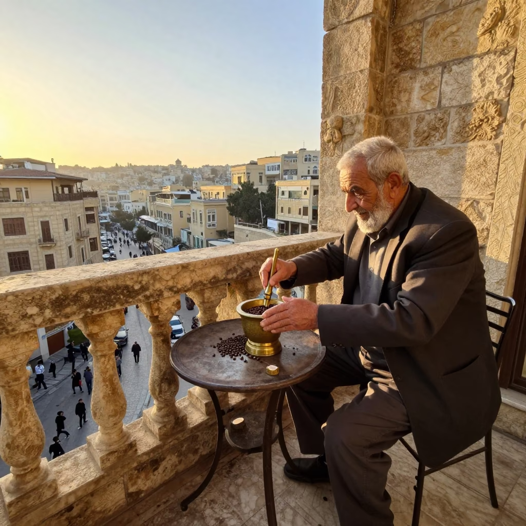 Beirut Morning Light Illuminates Traditional Coffee Preparation with Mortar and Pestle in in Beirut, Lebanon
