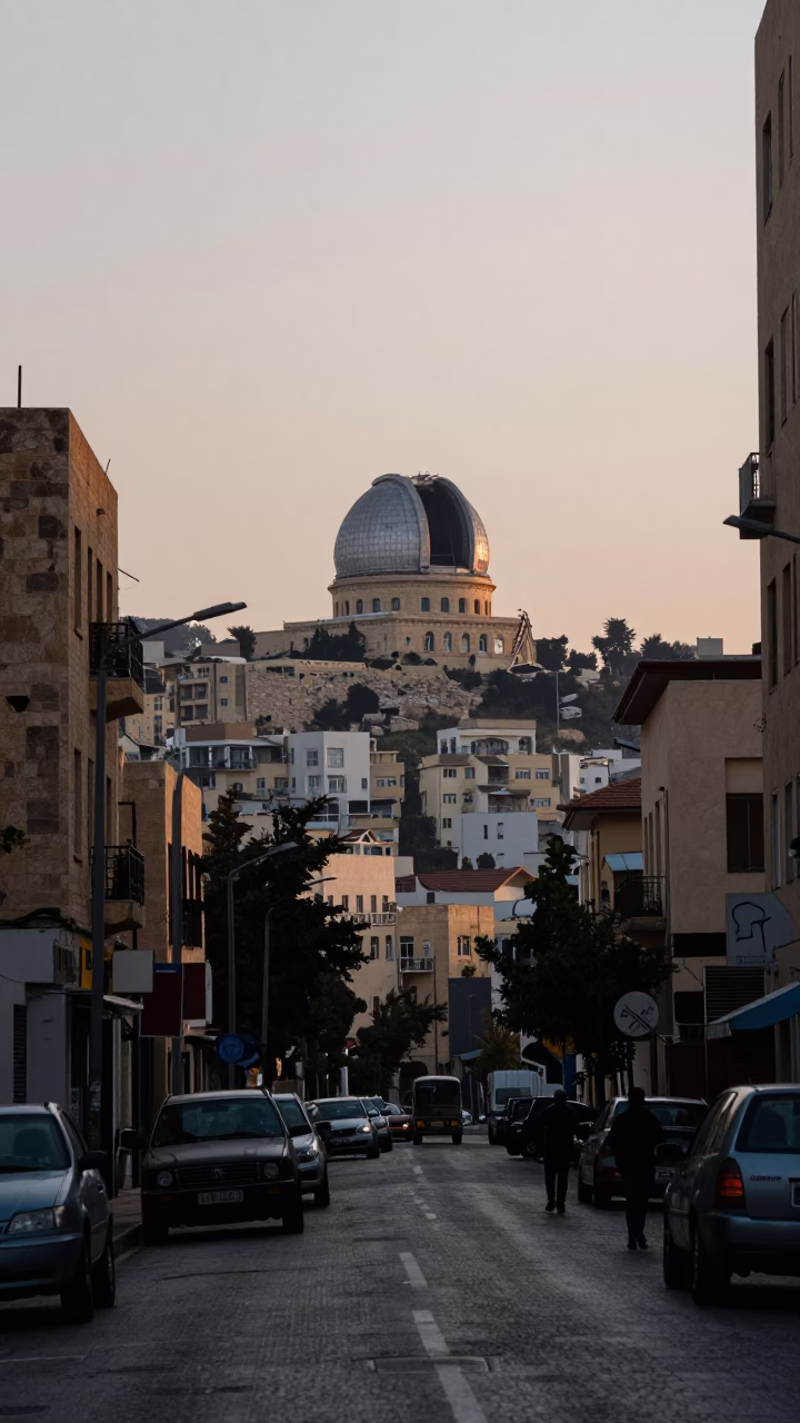 Beirut Nautical Dawn Street Scene with Crumbling Observatory Silhouette and Palm Trees in in Beirut, Lebanon