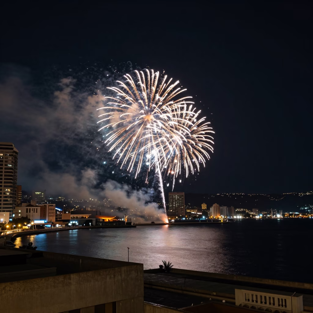 Beirut Night Sky Fireworks Over Port and Concrete Architecture in in Beirut, Lebanon