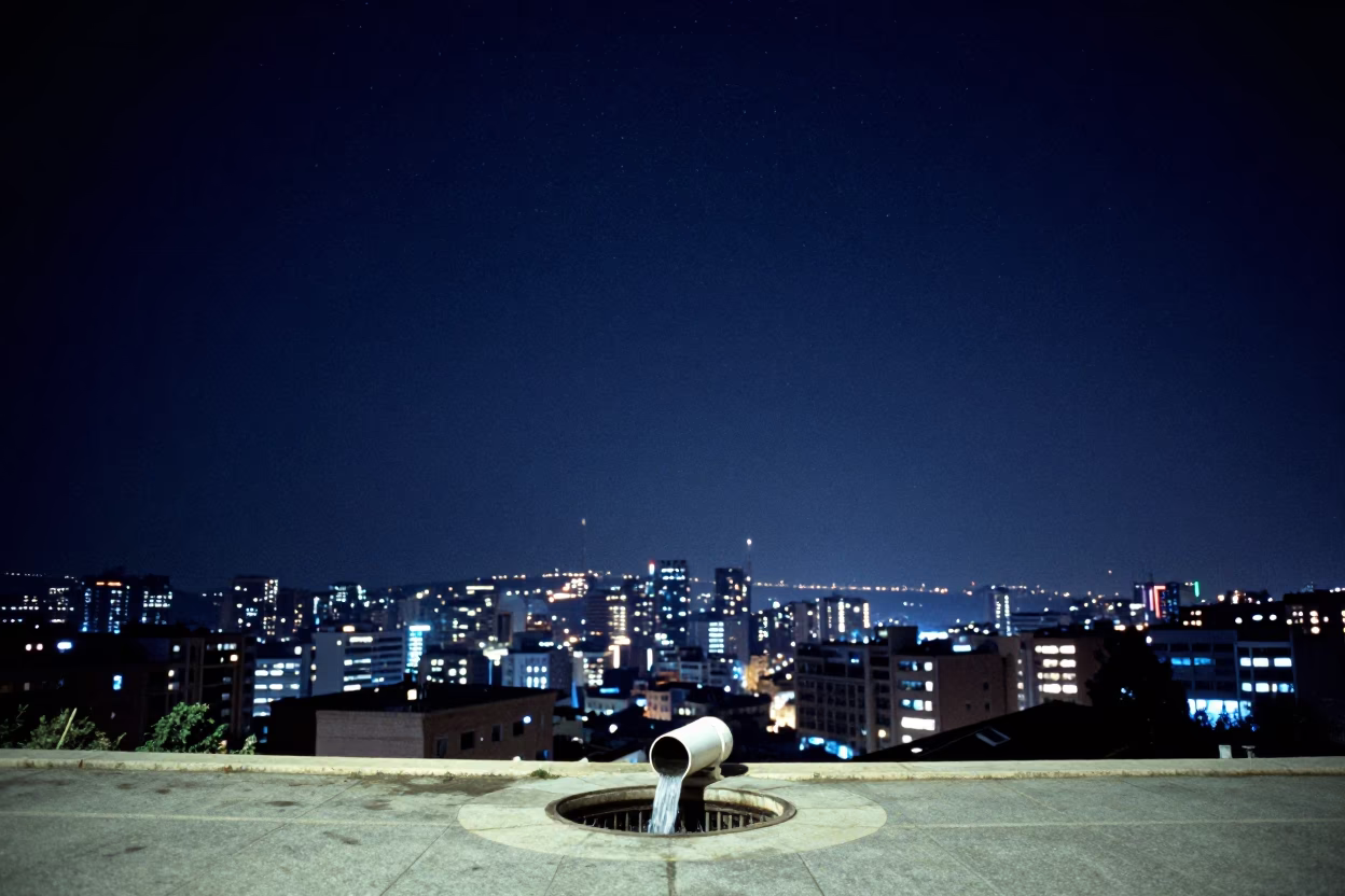 Beirut Night Sky Over Storm Drain Outfall Pouring Into Swollen River in in Beirut, Lebanon