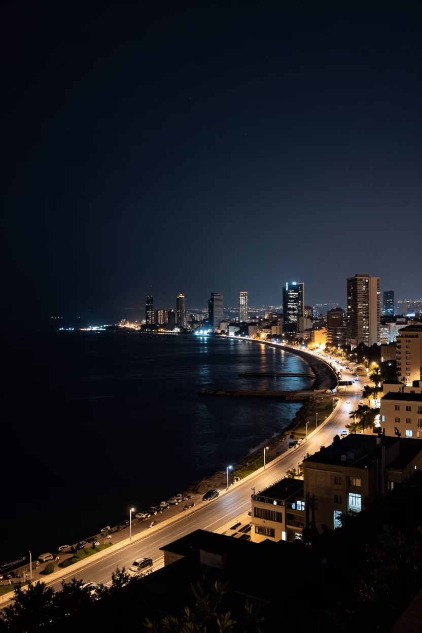 Beirut Night Skyline and Coastal Road Under Deep Night Illuminated by Streetlights in in Beirut, Lebanon