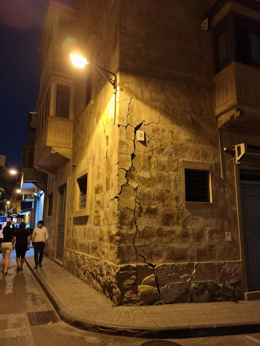 Beirut Night Street Scene with Cracked Stucco Walls and Local Interaction at Late Hour in in Beirut, Lebanon