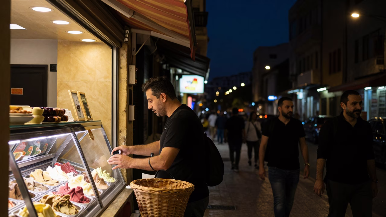 Beirut Night Street Scene with Gelato Display and Wicker Shadows in in Beirut, Lebanon