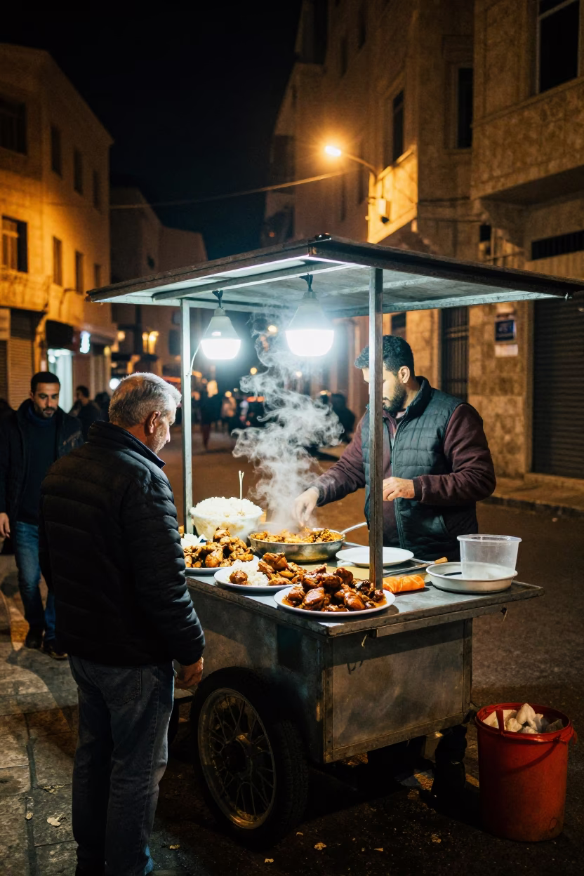 Beirut Night Street Scene with Local Food Vendor and Urban Architecture in in Beirut, Lebanon
