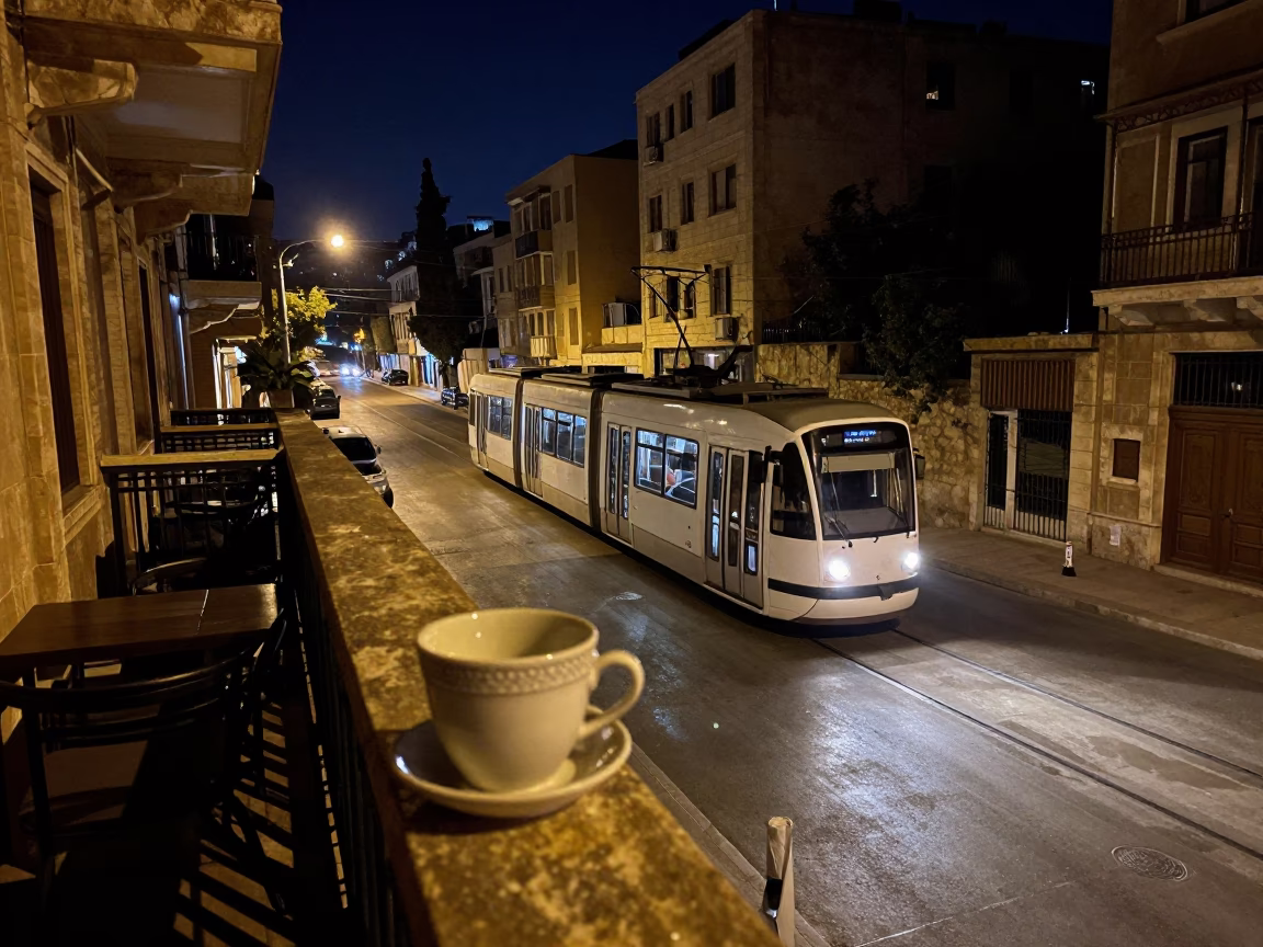 Beirut Night Street Scene with Tram and Ceramic Cup Under Deep Sky in in Beirut, Lebanon